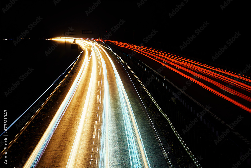 Headlights and taillights at night